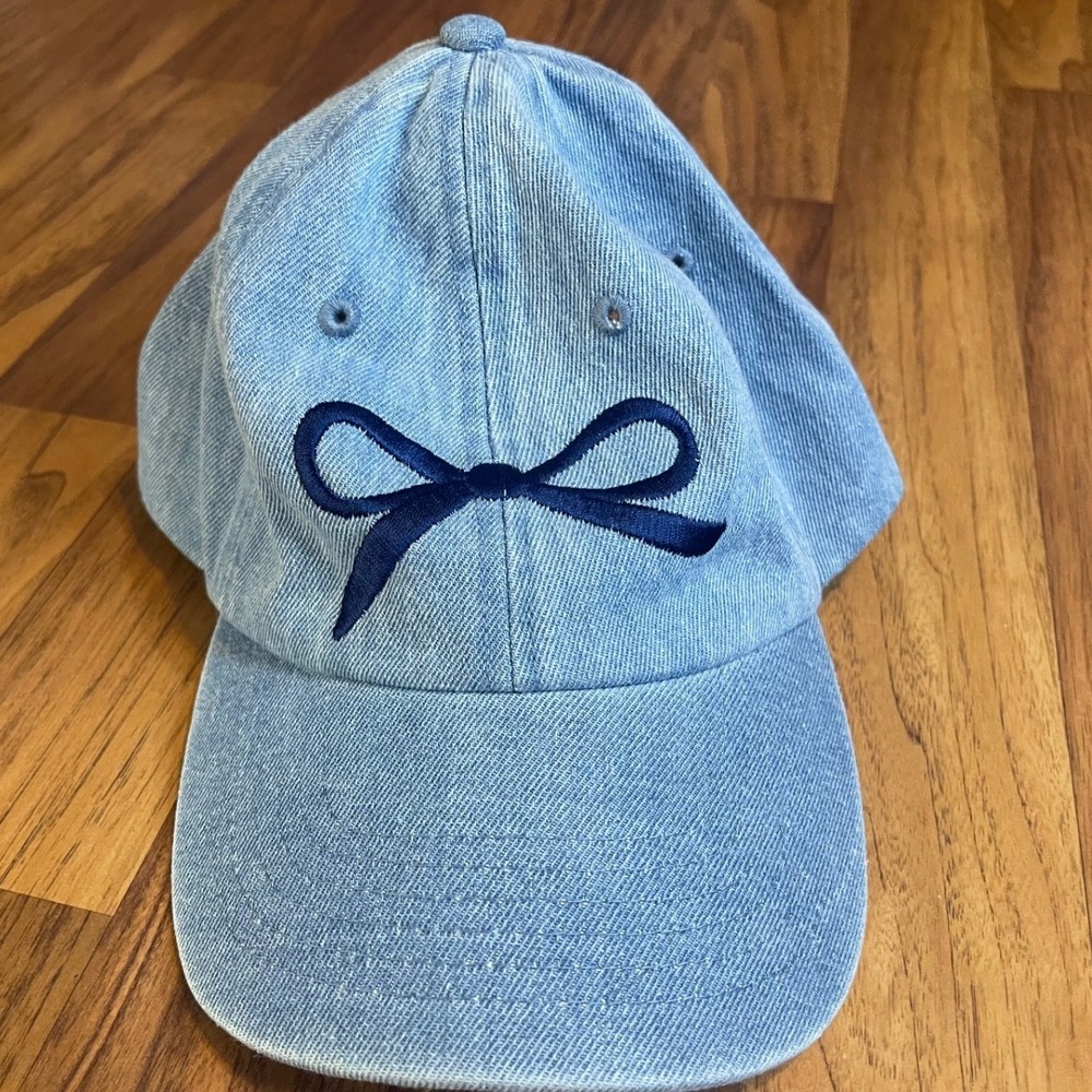 Newhattan Light Wash Denim Bow Embroidered Baseball Cap Hat Blue Adjustable OSFA